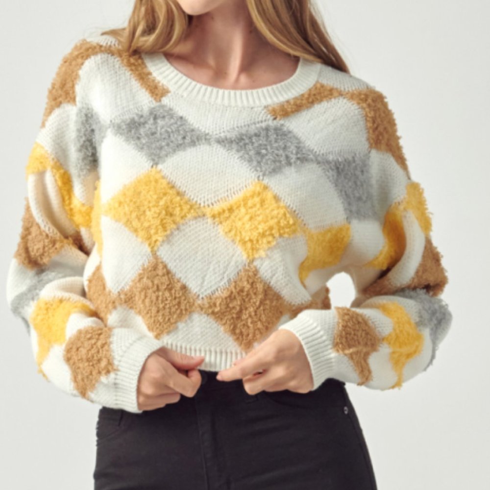 Petal Dew Argyle Round Neck Cropped Sweater